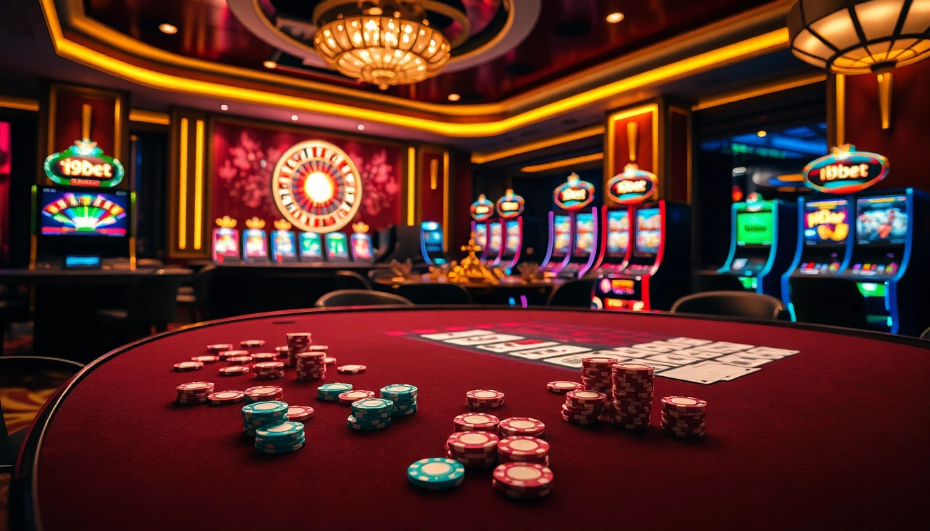 Engaging gamblers at the i9bet casino with poker chips and roulette wheel in a luxurious setting.