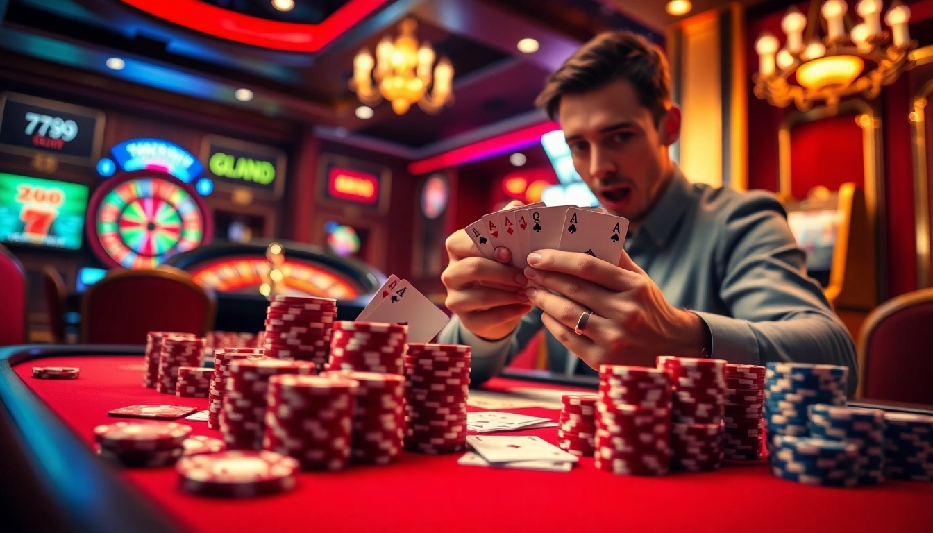 Experience the excitement at the 789win club with a high-stakes poker game featuring vibrant chips and cards.