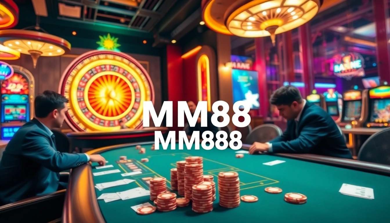 Players at a high-stakes poker table in a vibrant MM88 casino scene, surrounded by slot machines.