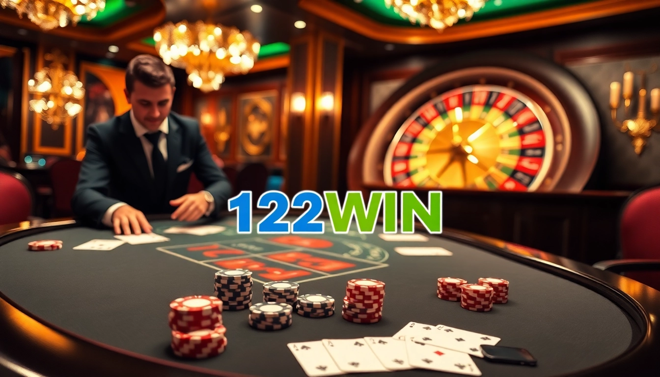 Experience the excitement of 123WIN at a luxurious poker table with vibrant casino elements.