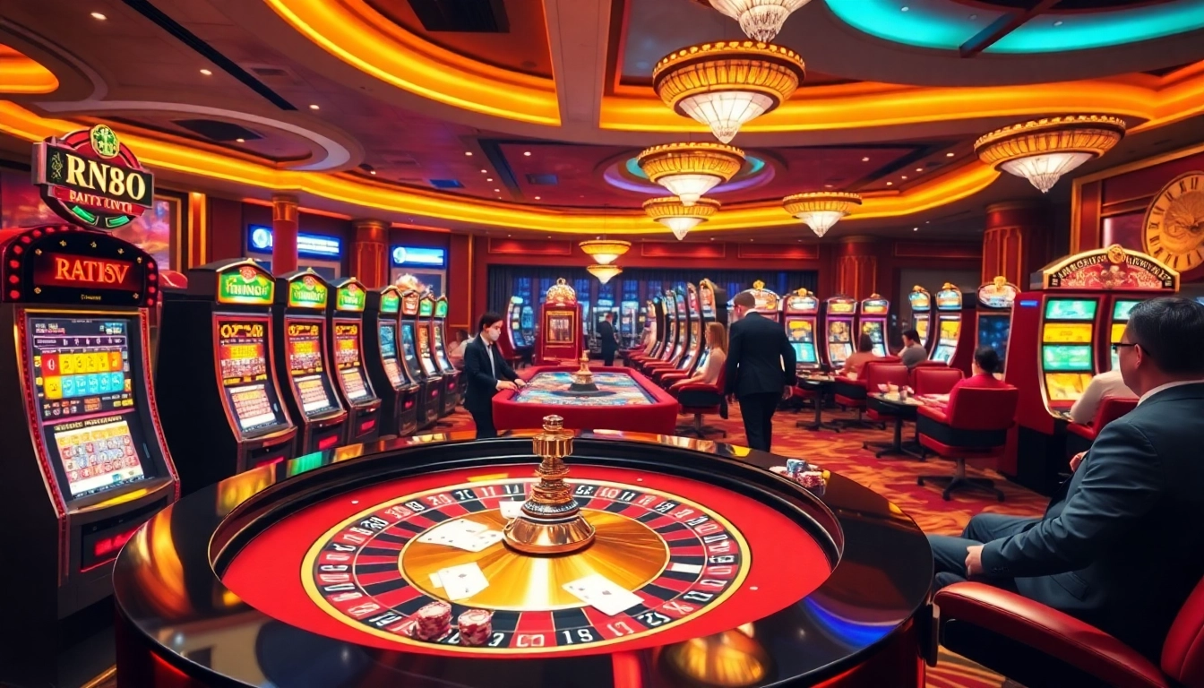 Players enjoying a vibrant gaming scene at RR88 casino, featuring roulette tables and slot machines.