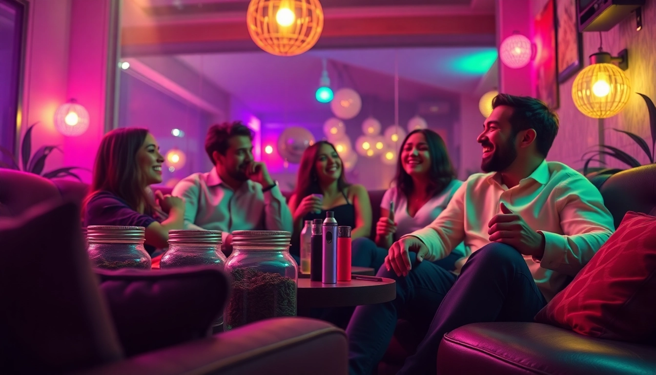 Enjoy friends gathering around moonbarguy products in a vibrant lounge.