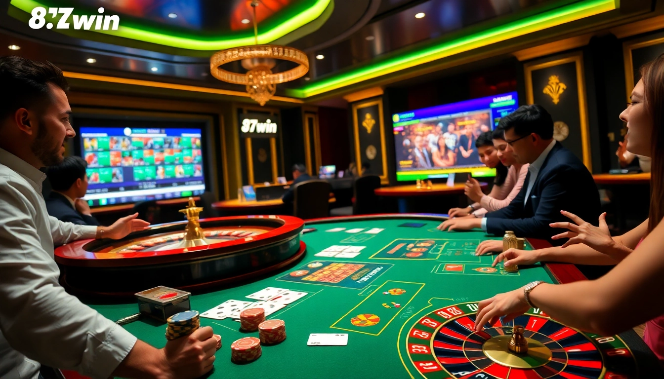 Players enjoying an exciting gaming experience at 78win casino, showcasing vibrant tables and vibrant interaction.