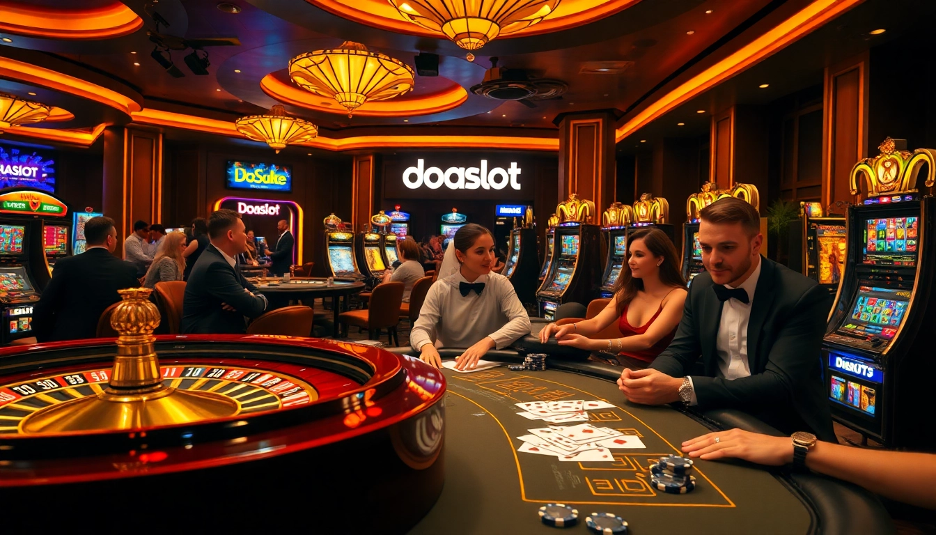 Engaged gamblers at a luxurious casino table showcasing the thrill of doaslot gaming experience.
