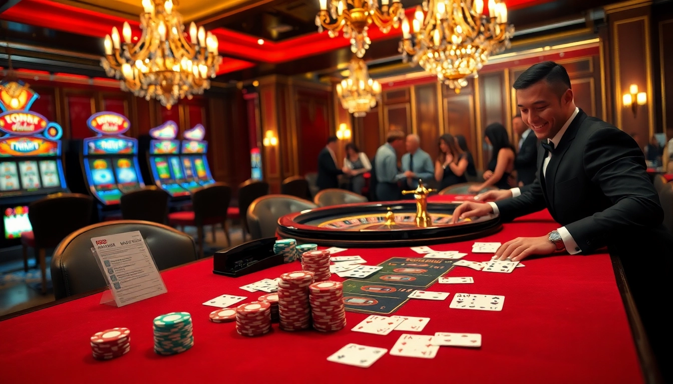 Dynamic gaming scene showcasing Nhà Cái mm88 with poker chips, cards, and roulette wheel.