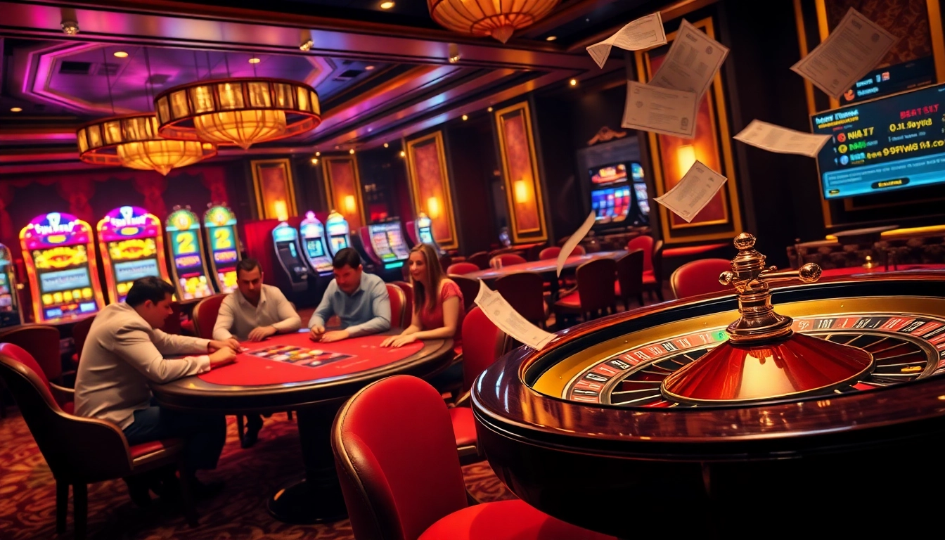 Players enjoying a poker game at an upscale casino, representing excitement and strategy at https://99win1.us.com/.