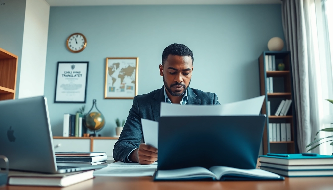 Sworn translator reviewing legal documents in a modern, professional office setting.