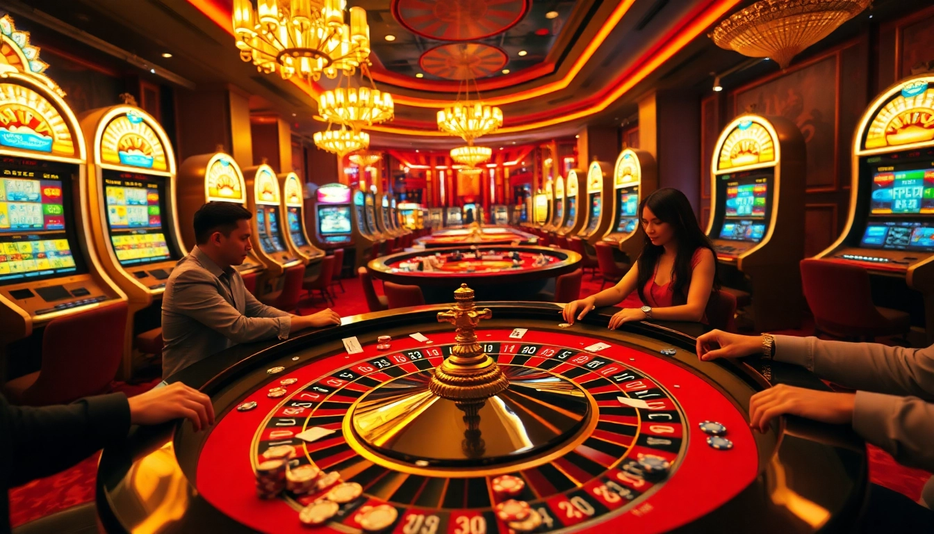Players enjoying an exciting roulette game at zbet vn casino, surrounded by vibrant slot machines and luxurious ambiance.