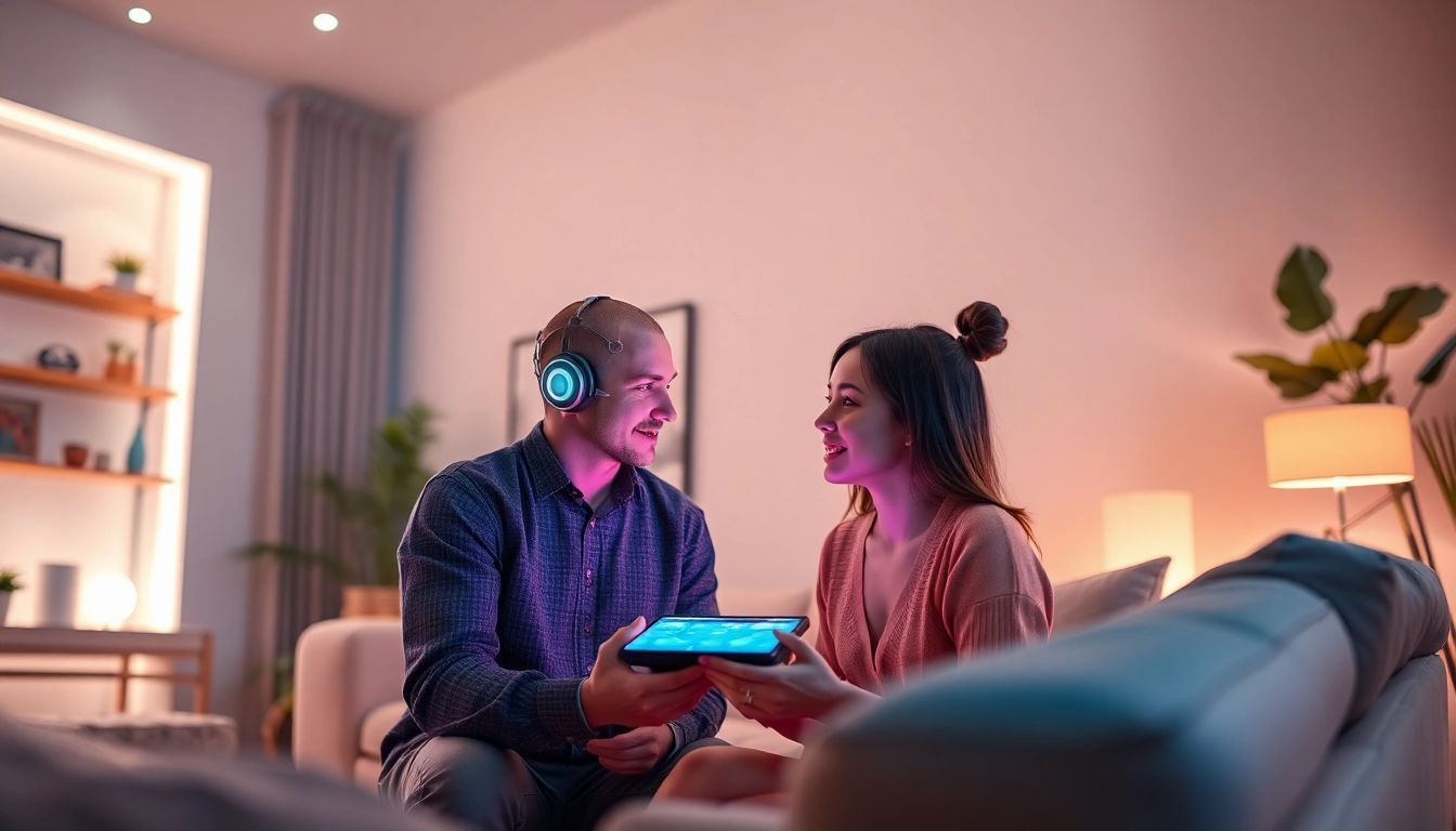 Engaging scene showcasing a modern AI companion interaction in a cozy living room, highlighting sex ai technology.