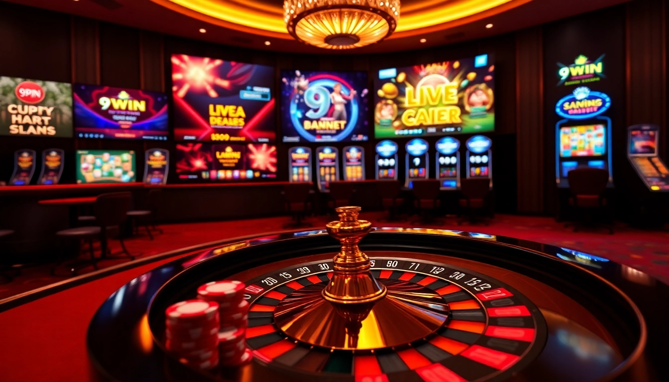 Experience the excitement of gambling at 9WIN with a vibrant casino setting featuring poker chips, a roulette wheel, and live dealer games.