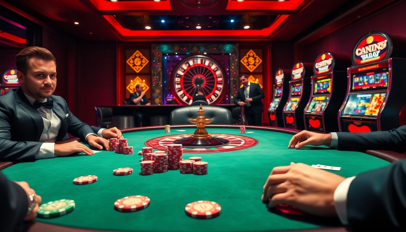 Win55 poker players engaging intensely at a high-stakes table in a luxurious casino setting.
