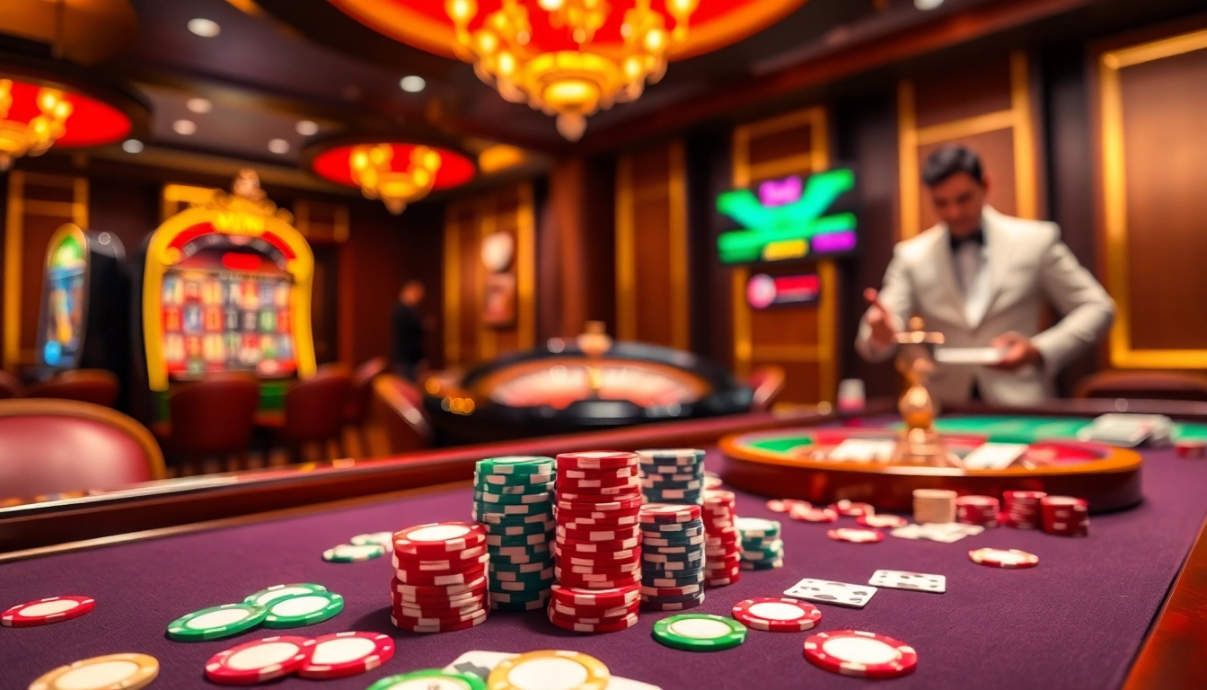 Experience the thrill of nhà cái 789win with a vibrant casino scene showcasing poker chips and a roulette wheel.