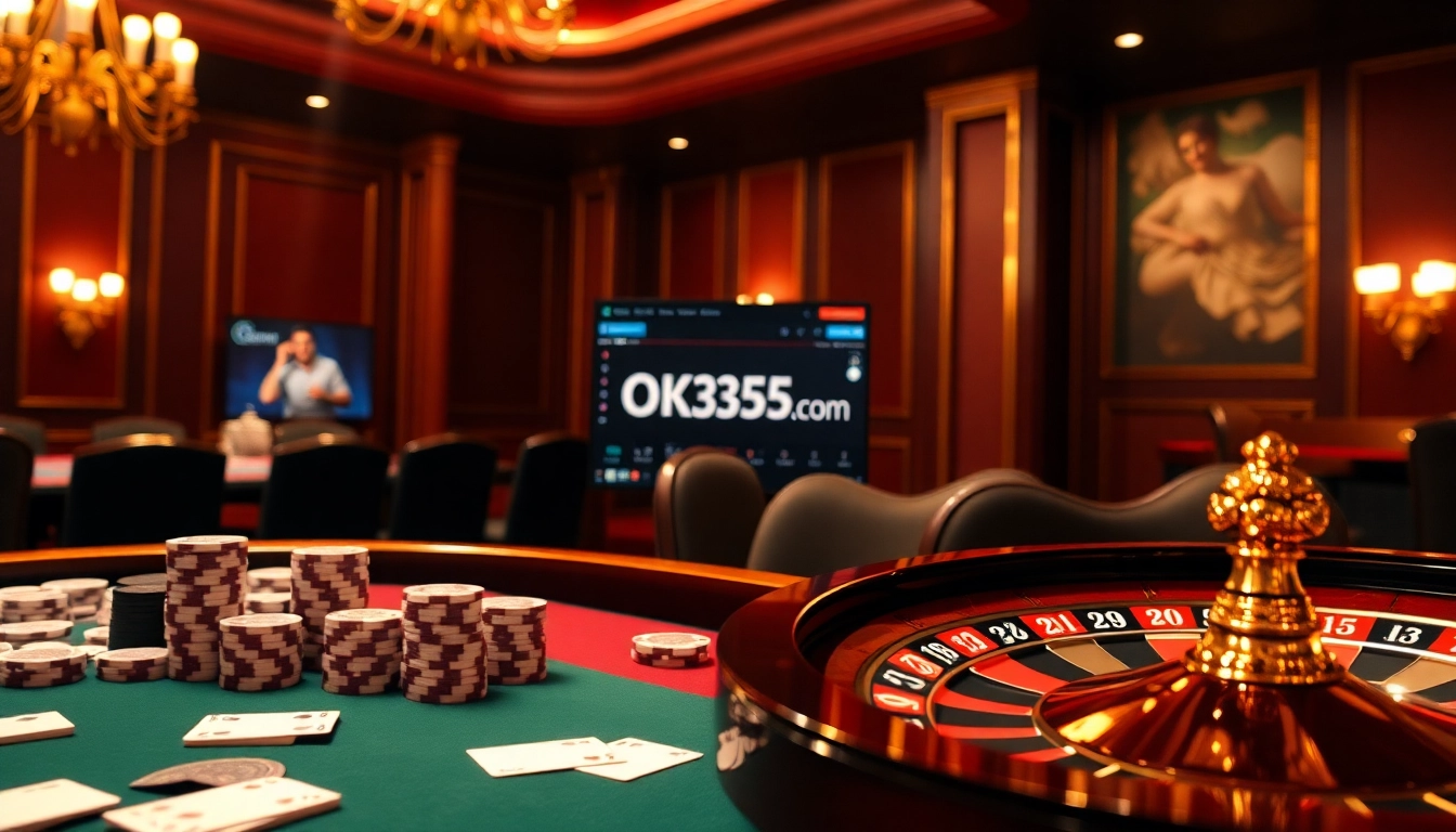 Sophisticated casino experience at OK365 com with poker chips and roulette wheel in an elegant setting.