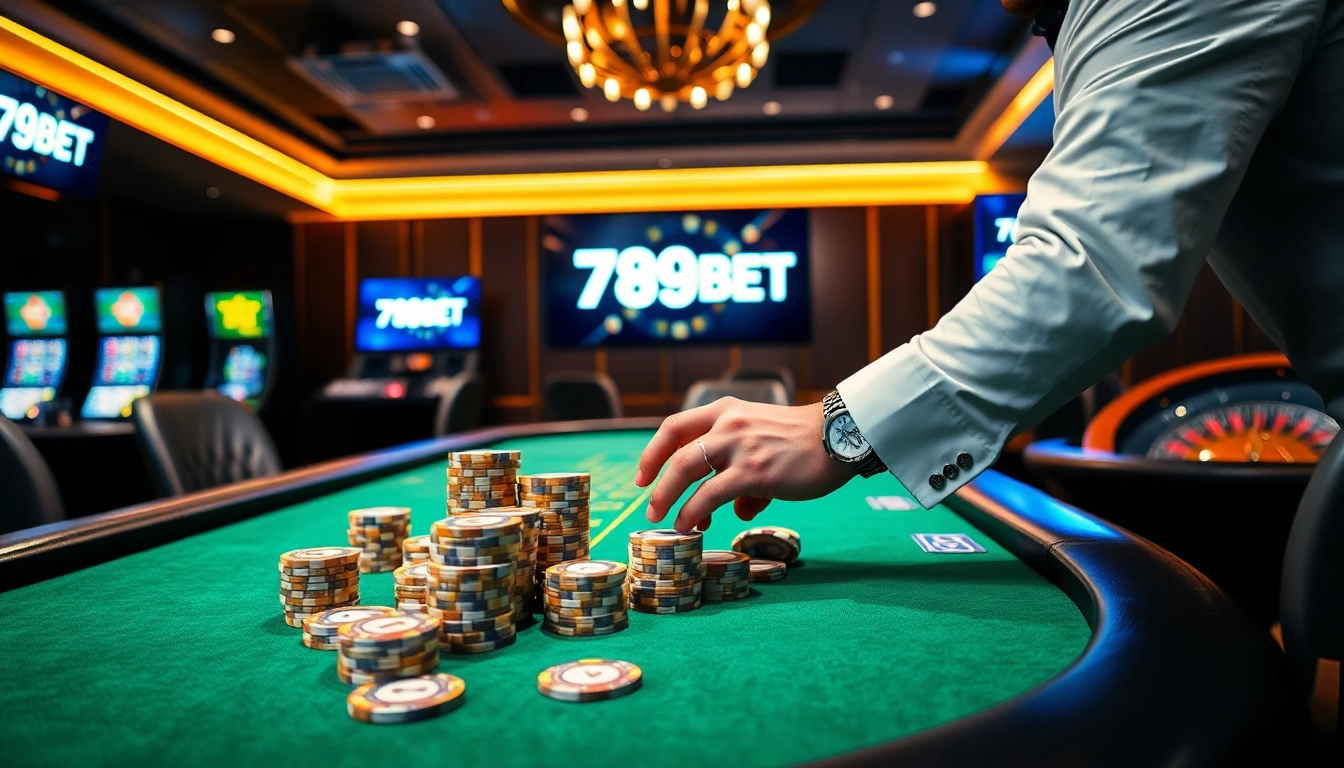 Engaging casino scene with 789BET logo, poker table, and professional dealer.
