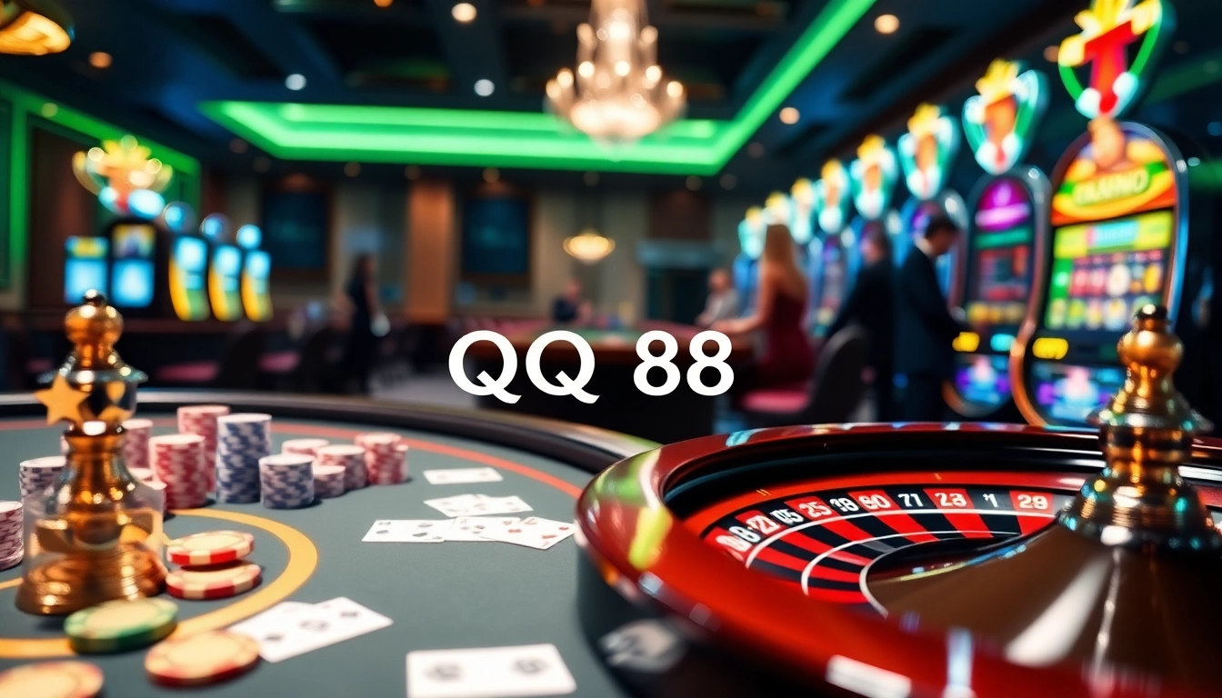 Exciting gambling action at QQ 88 casino featuring poker chips and a roulette wheel.