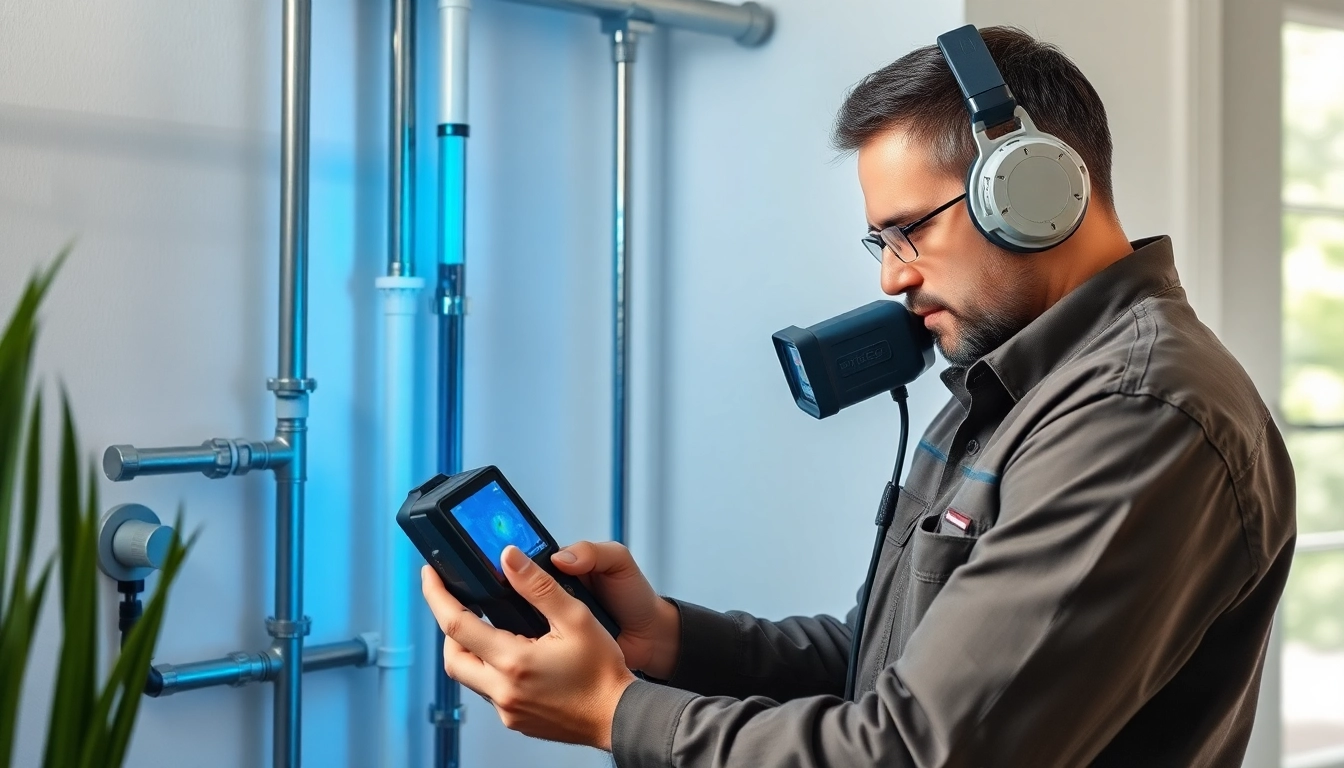 Expert technician performing hidden leak detection using advanced technology in a modern home.