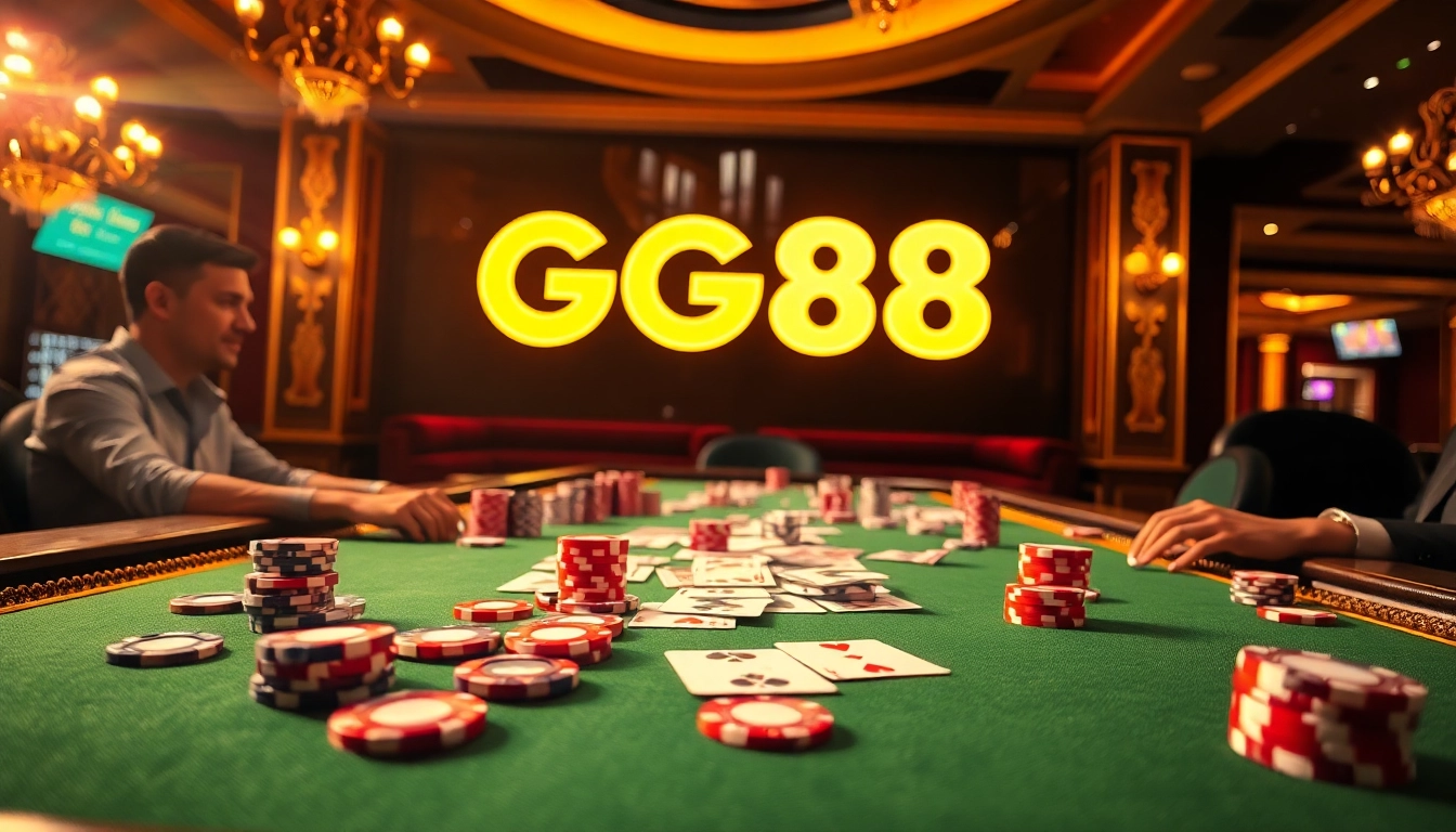Players enjoying intense poker games at GG88 casino, showcasing vibrant chips and cards.