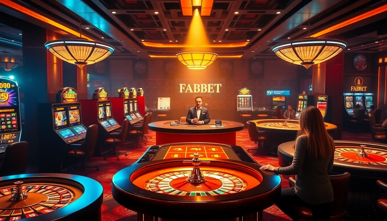Experience the thrill of FABET with a vibrant casino scene featuring tables and slot machines.