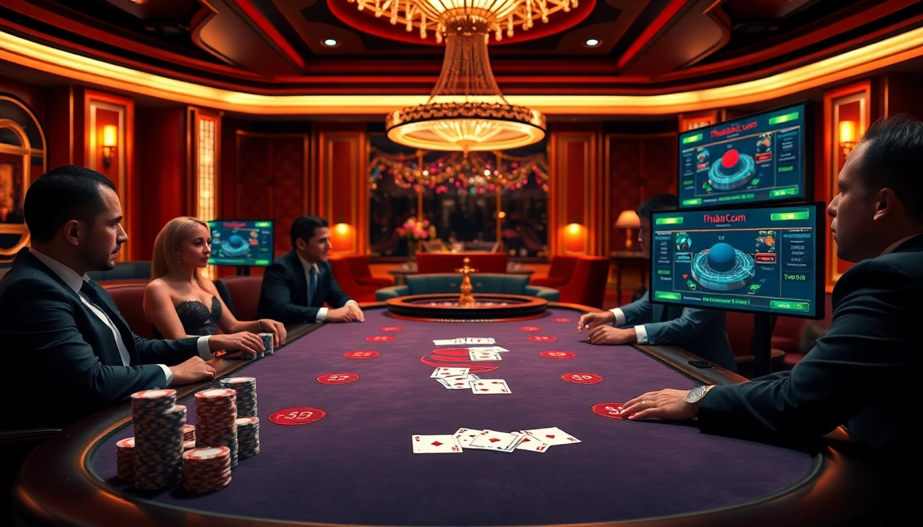 Exciting poker scene at thabet com with chips and cards, showcasing vibrant casino energy.