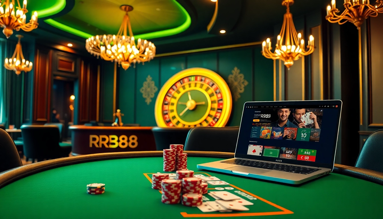 RR88 players enjoying a thrilling game at an elegant online casino with premium features.