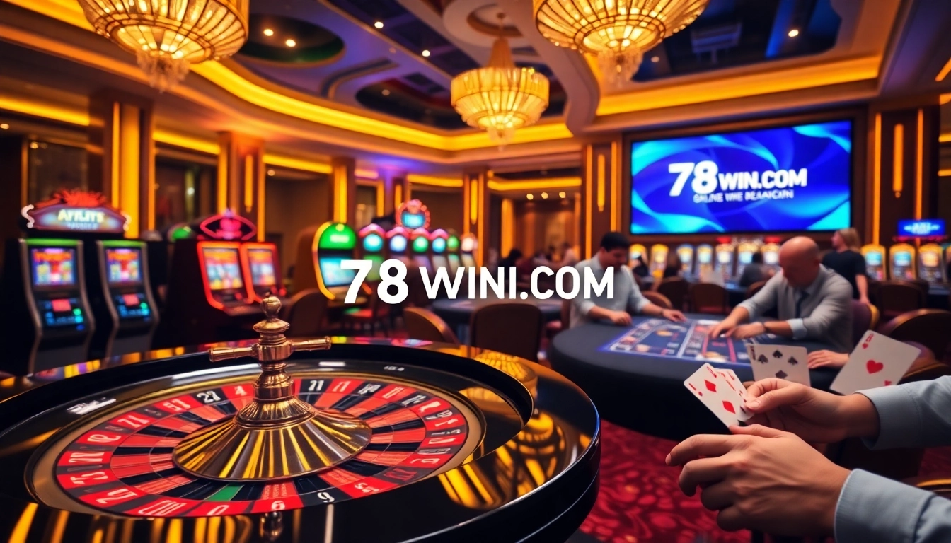 A thrilling casino scene highlighting 78WIN.COM with players enjoying slot machines and poker games.