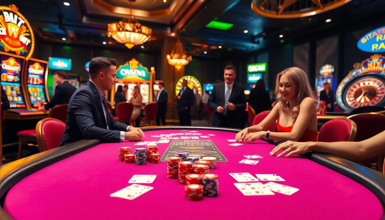 Experience thrilling gaming at KJC.Marketing's luxurious casino with poker players stacked with colorful chips and cards.