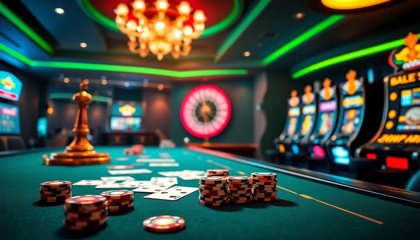 Engaging scene of online gambling at https://f168.studio/ featuring casino tables and vibrant slot machines.