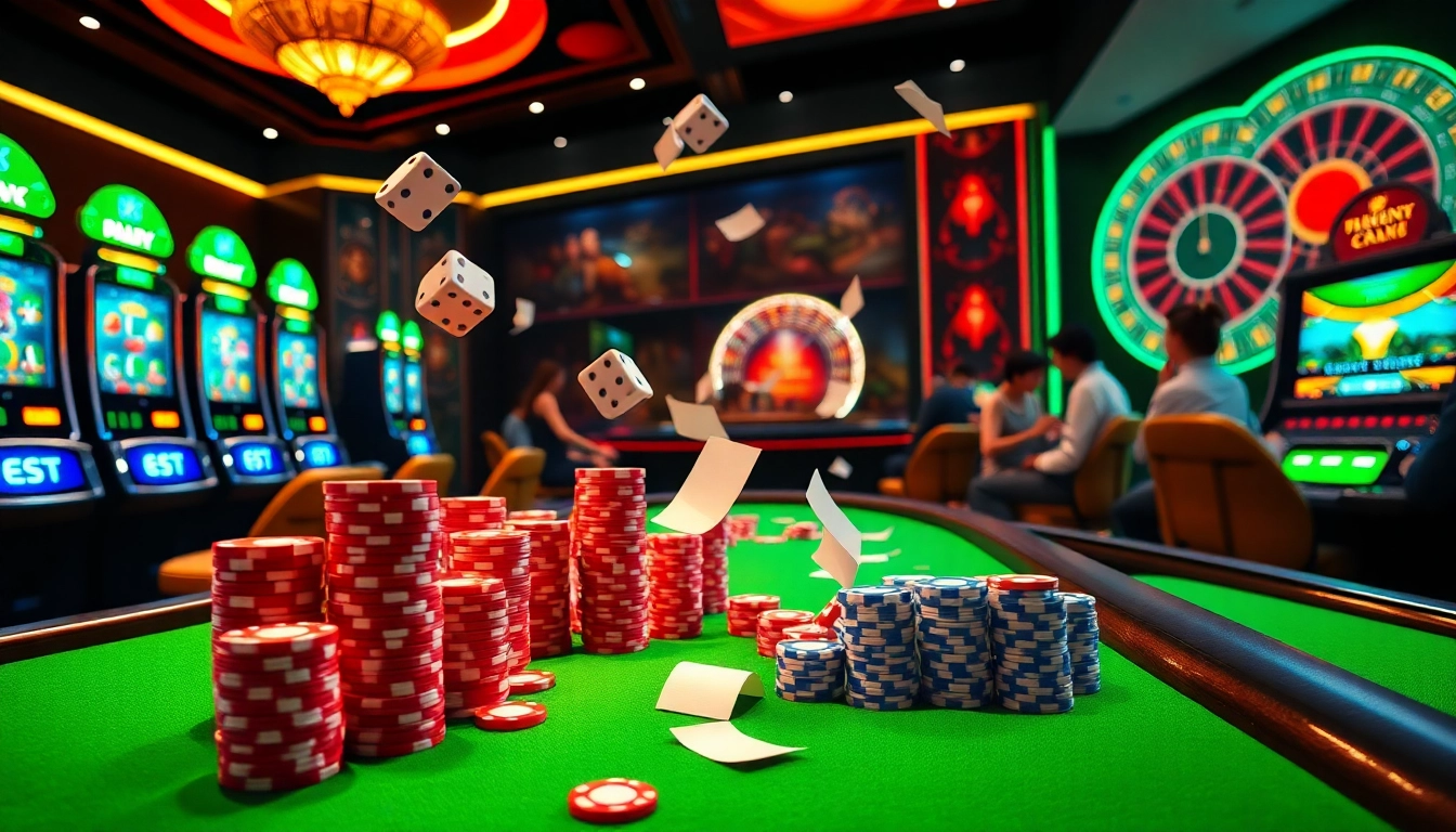 Sky88 casino scene with vibrant tables and exciting gambling activities for players.