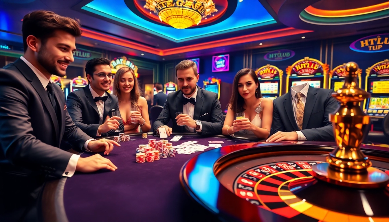 HITCLUB atmosphere with luxury casino tables, vibrant poker chips, and thrilling gambling action.