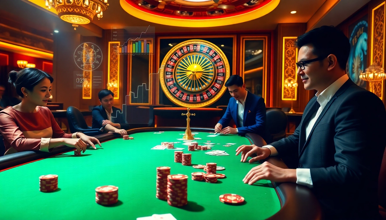 Tác giả Trần Chinh analyzes gambling strategies at a vibrant casino poker table.
