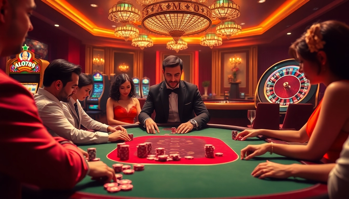 A gambling scene at ALO789 with vibrant casino elements and engaged players.