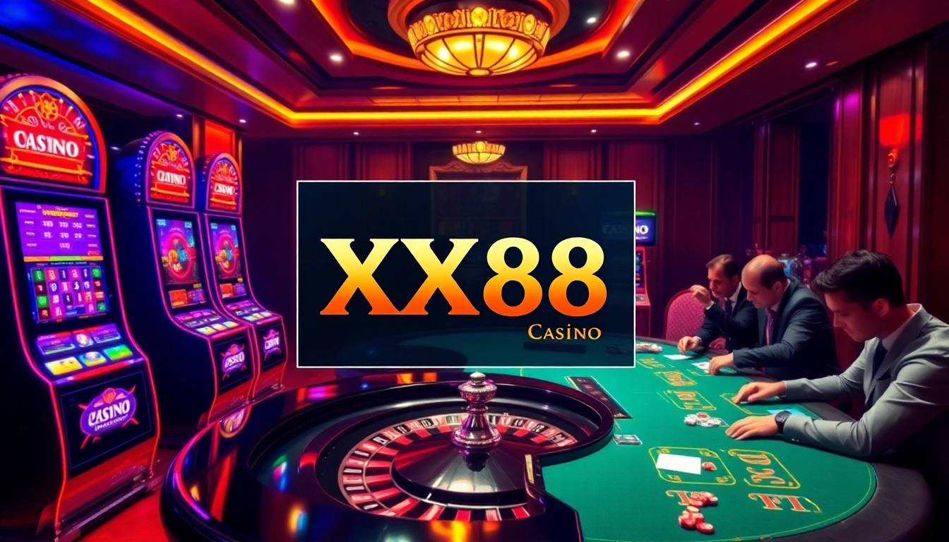 Experience the excitement of Casino XX88 with players engaging at vibrant tables and machines.