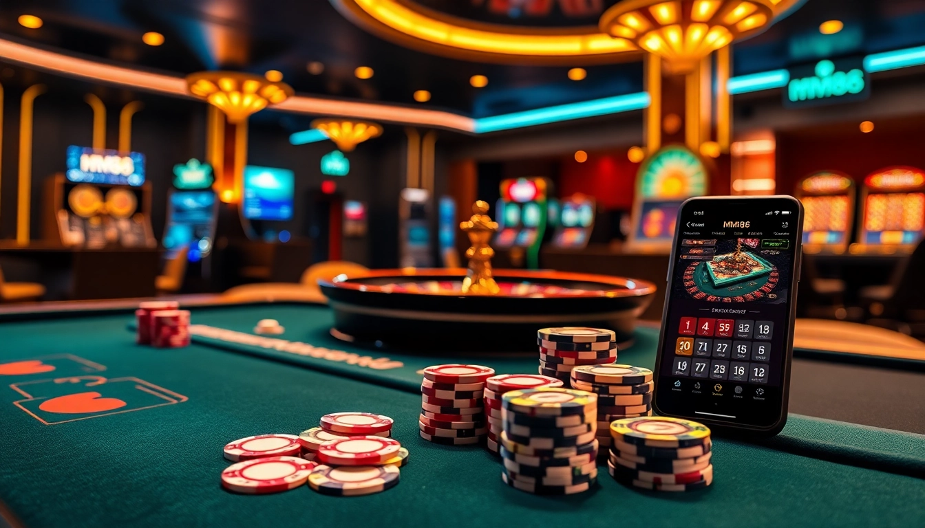 Visualize an engaging online gambling scene with MM88 branding, casino tables, and mobile gaming elements.