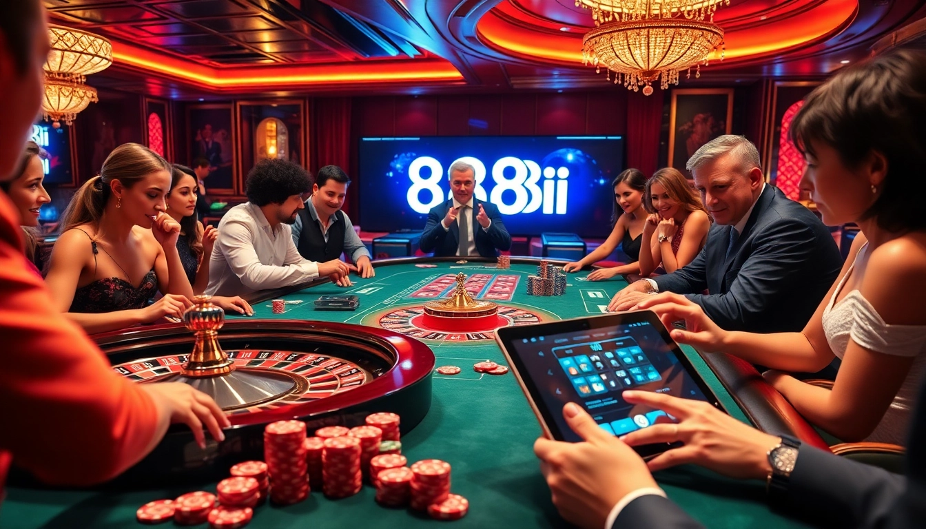 Players engage in thrilling games at 88i's luxurious casino tables featuring cards and chips.
