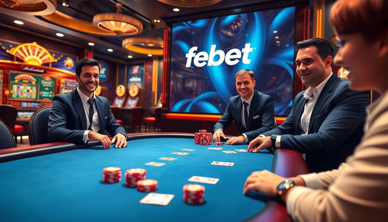 Exciting poker scene at a febet online casino, showcasing professional players and luxurious atmosphere.
