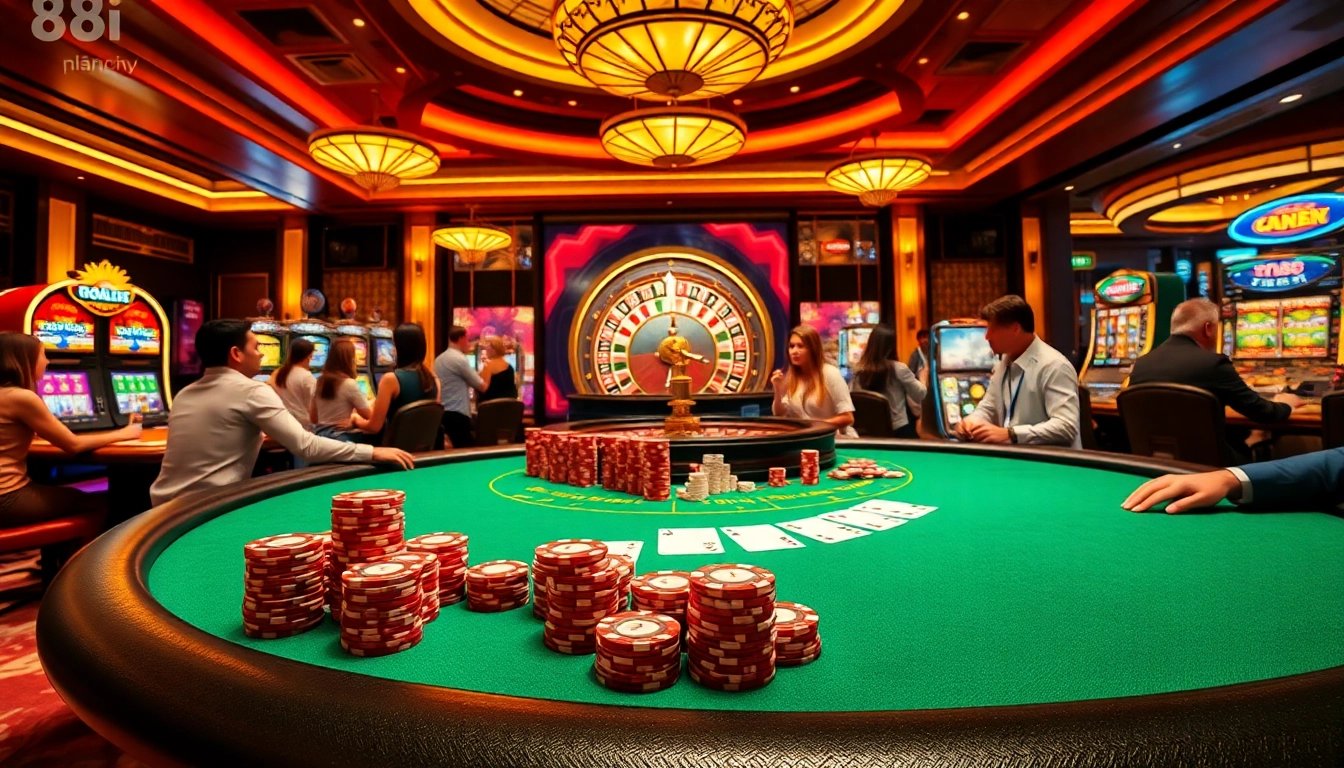 Experience the excitement of gambling at 88i nhà cái with vibrant poker and roulette scenes.