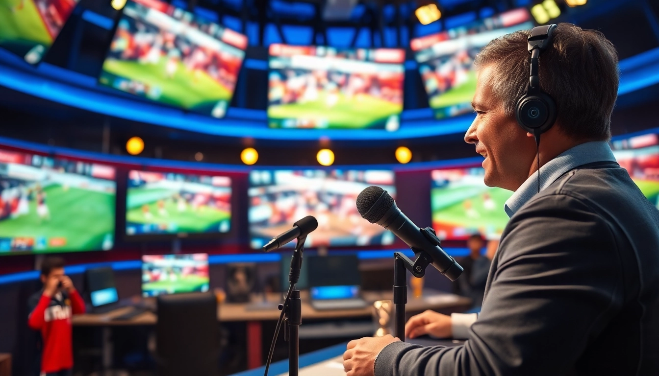 Engaging scene of sports broadcasting with a host, dynamic visuals, and modern equipment.