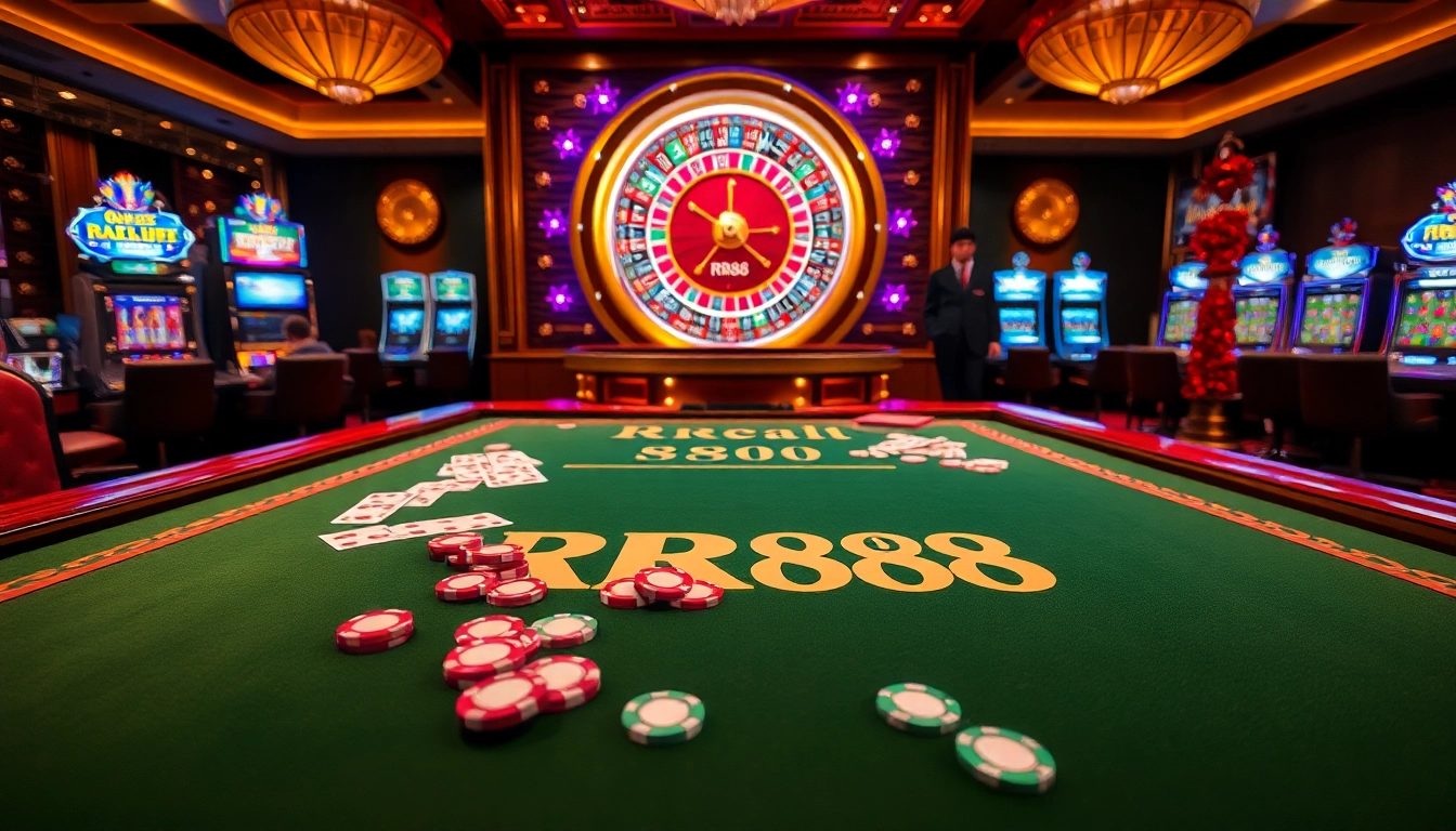 Players engaging at an RR88 casino table, surrounded by vibrant slot machines and poker chips.