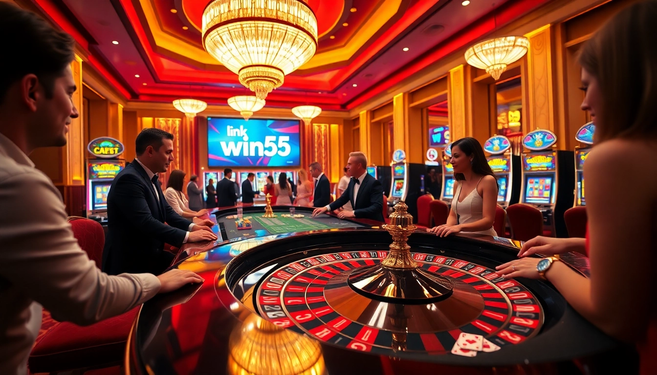 The exciting roulette table scene at a casino, featuring the keyword link win55 amidst vibrant chips and attentive dealers.