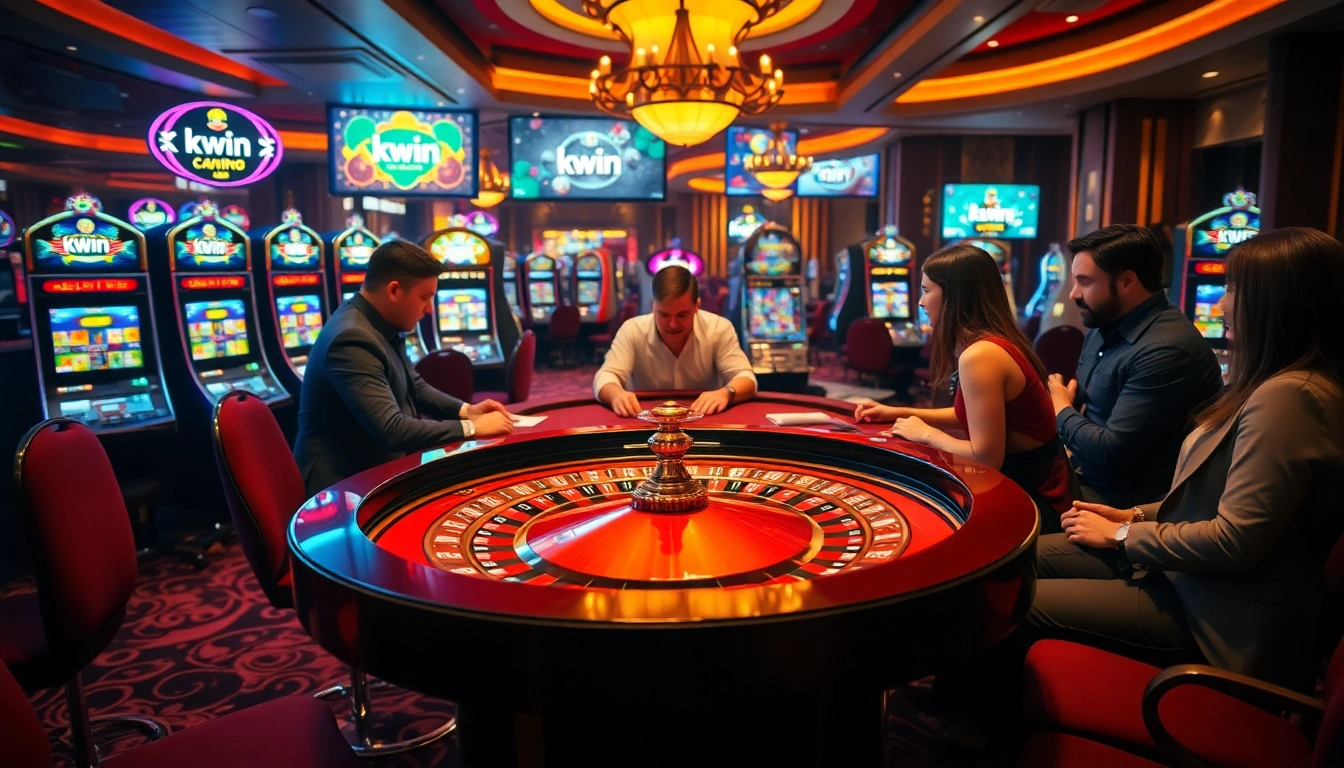Kwin casino scene with vibrant roulette table and engaging players at a luxury gaming environment.