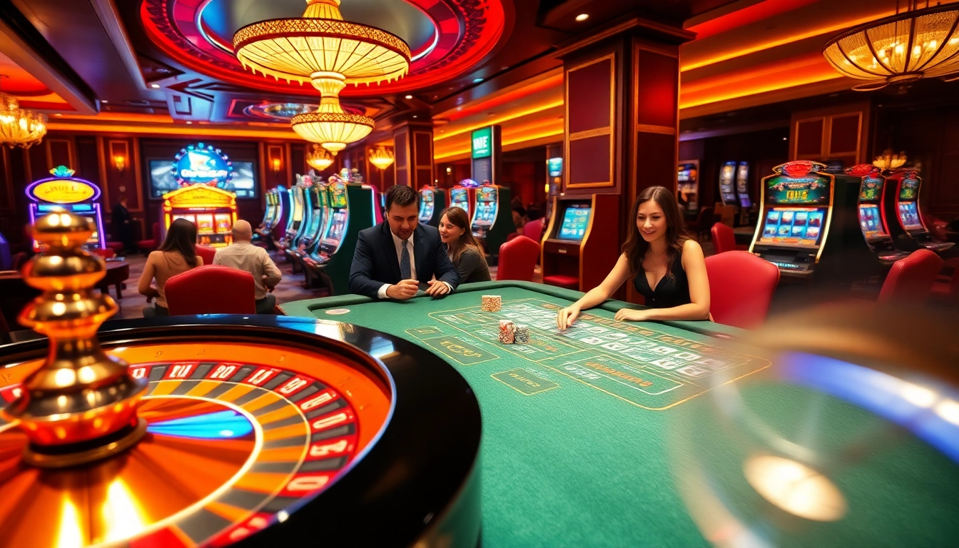 Experience the thrill of xo88t3 at a vibrant casino with roulette wheels and joyful players.