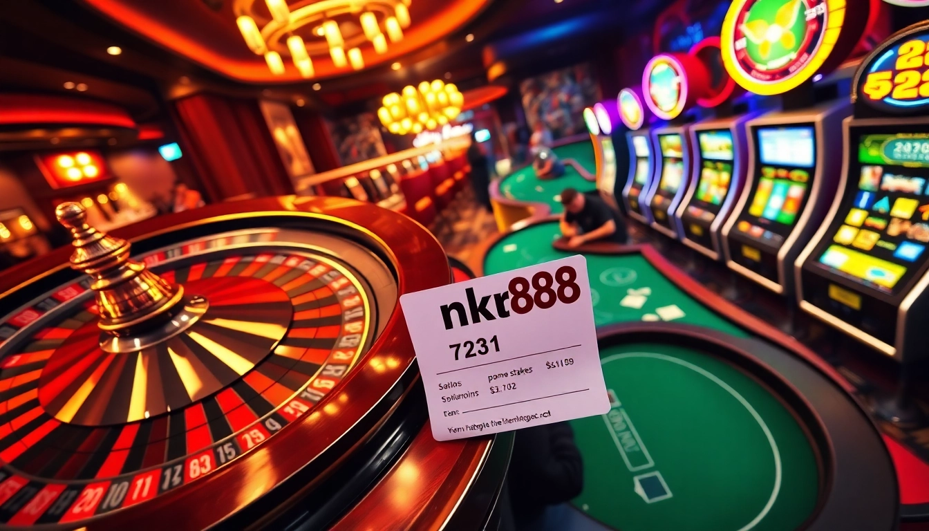 Engaging casino scene highlighting nk88 on a betting slip with a roulette wheel and blackjack table.