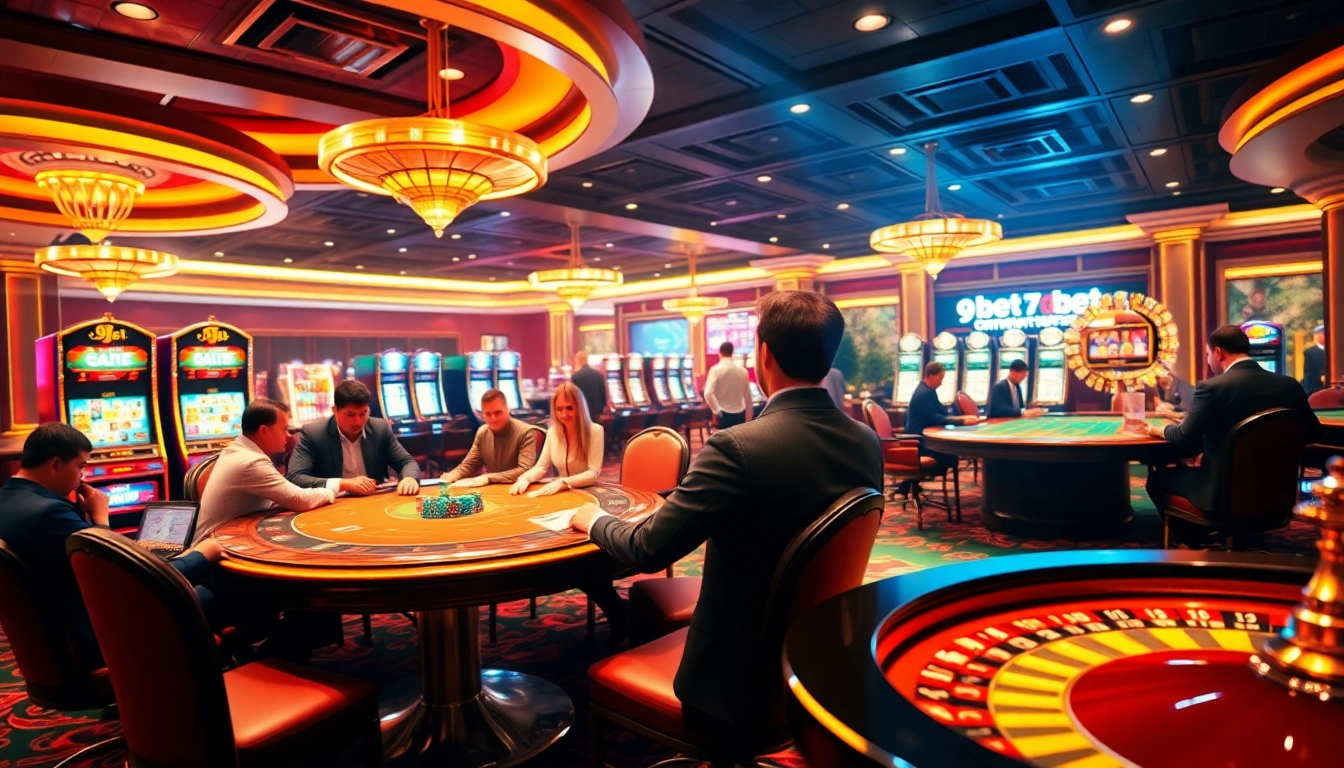 Experience thrilling gameplay at 9bet with engaging poker and slot action in a luxurious casino setting.