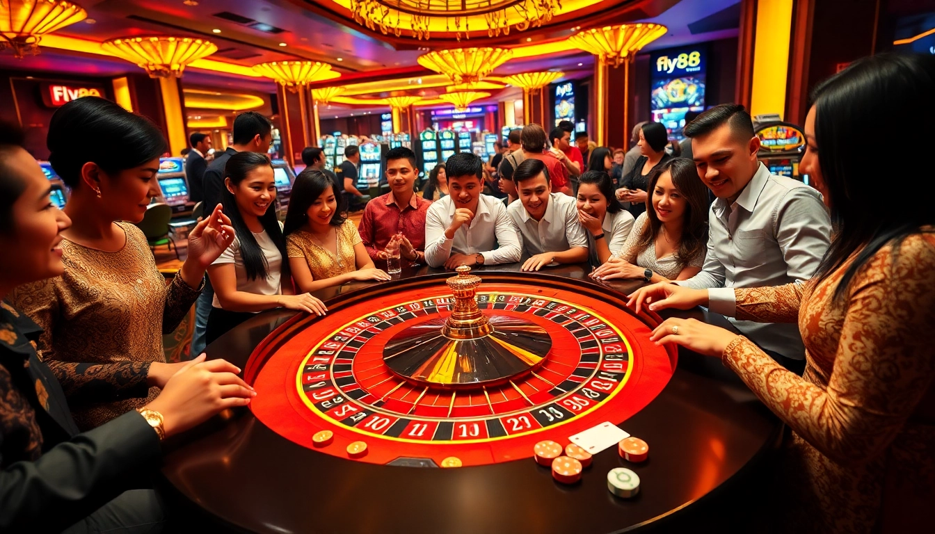 Experience the excitement at fly88 casino with vibrant tables, chips, and players ready to win.