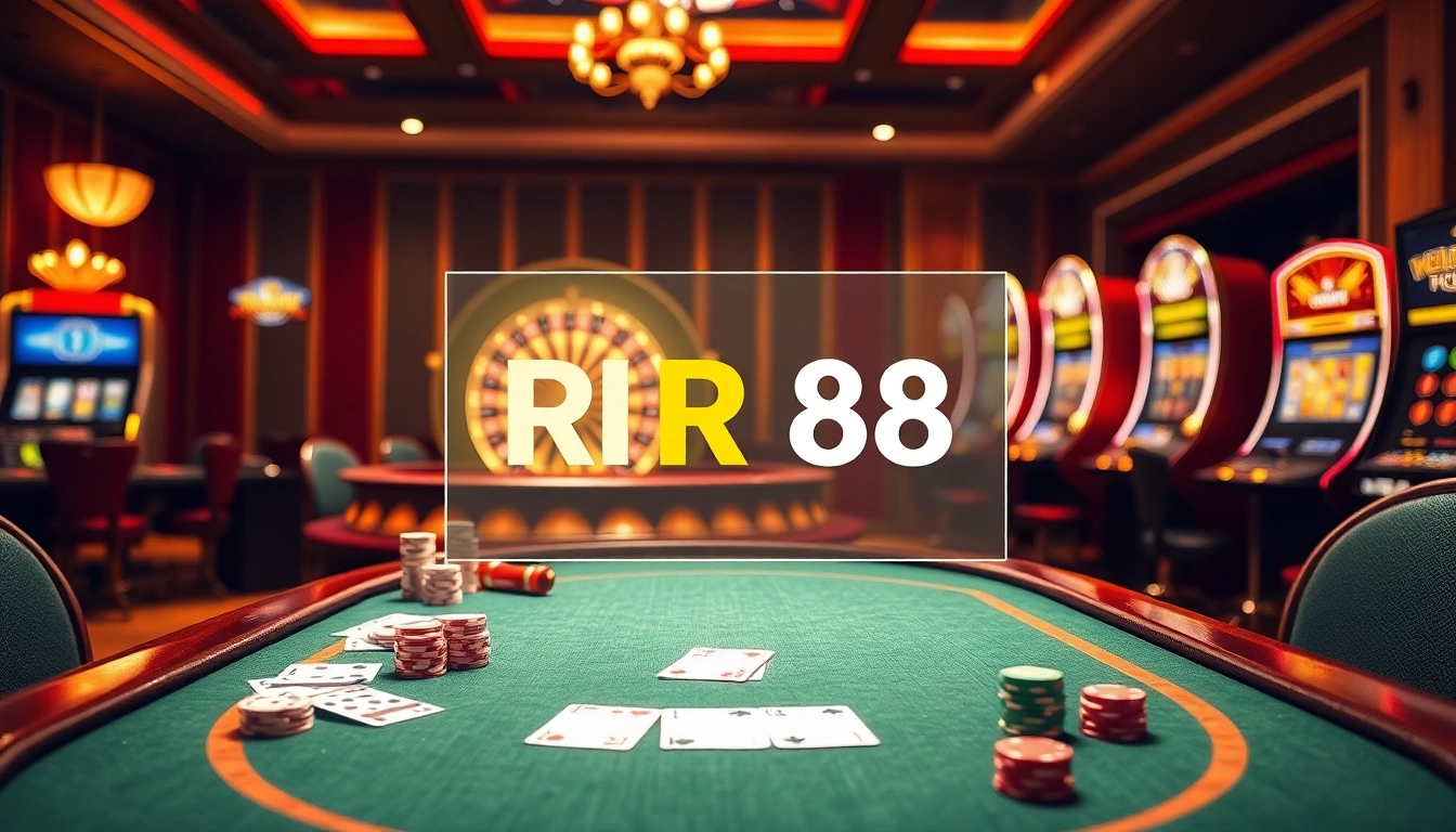 Experience the excitement of RR88 at a luxurious casino table featuring poker chips and a roulette wheel.