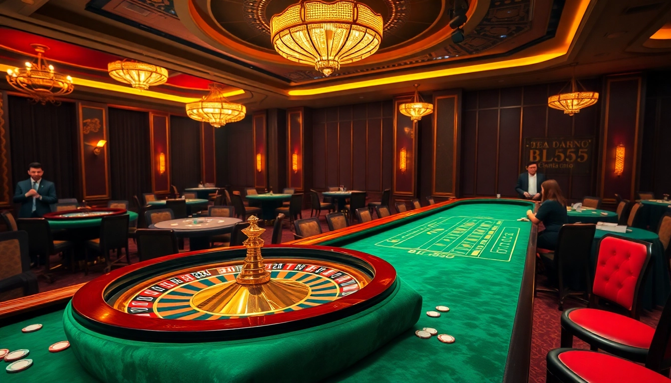 Experience the excitement at trang chủ BL555 with luxurious casino tables and a grand roulette wheel.