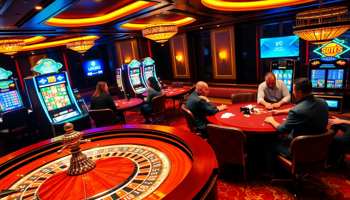 The lively casino scene at https://lu88vip.net/ featuring players at a roulette table and vibrant slot machines.