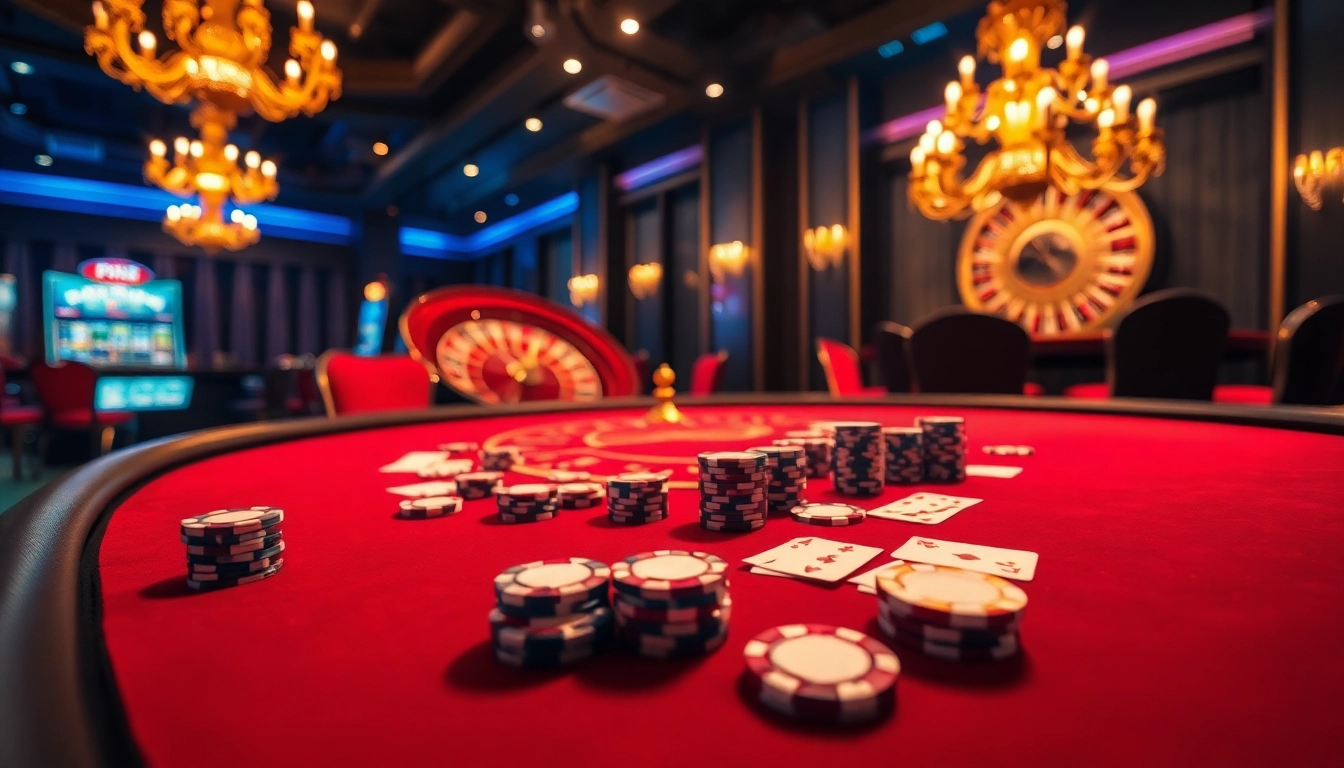 Experience thrilling casino play with link PS99 amidst poker chips, cards, and a luxurious roulette wheel.
