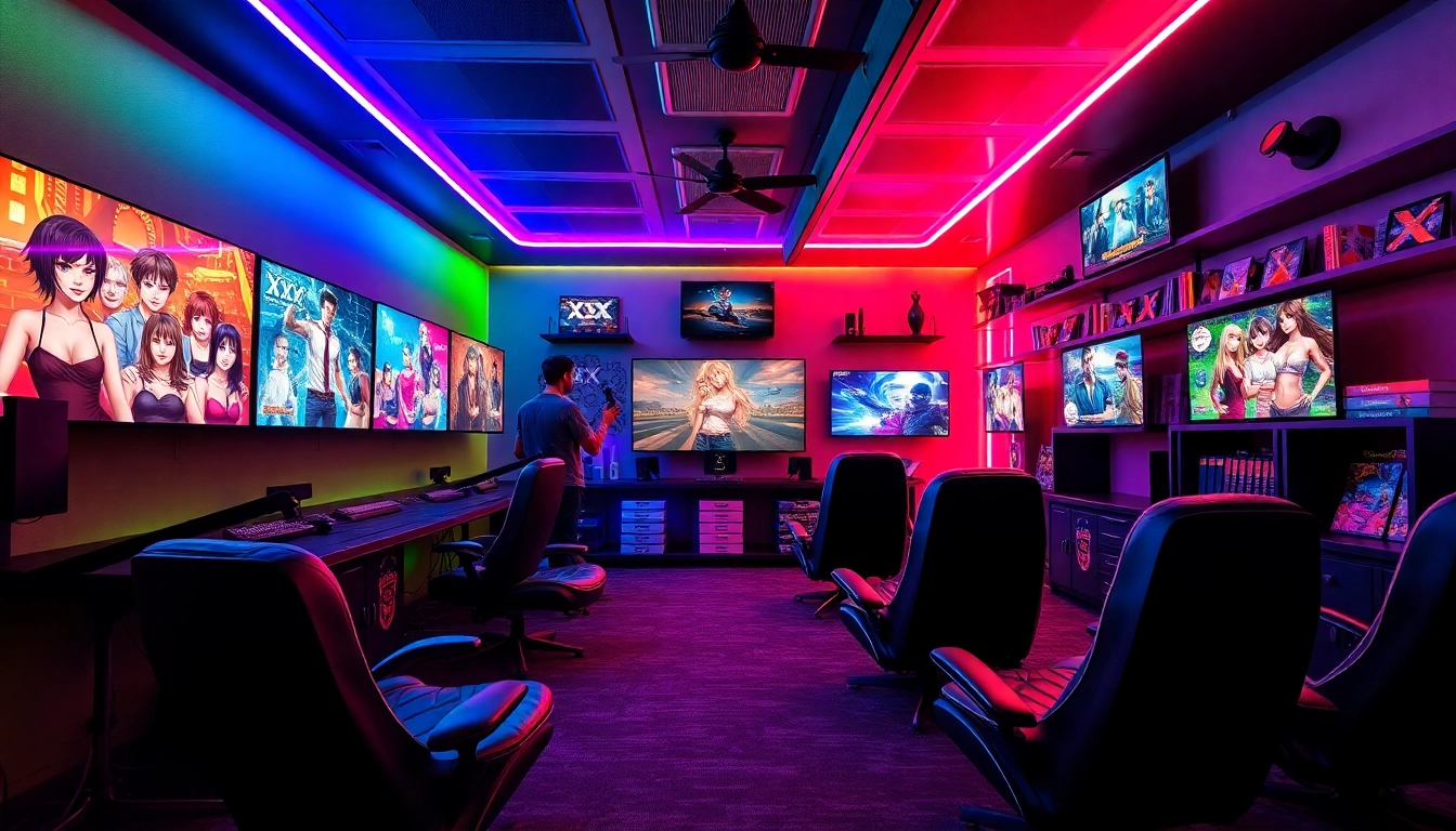 Exciting XXX games setup with vibrant gaming room, neon lights, and engaging visuals.
