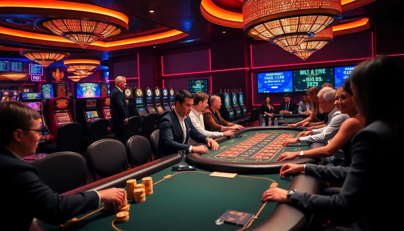 Thrilling casino environment showcasing poker, roulette, and slot machines at https://abc8t.app/ with engaged players and dealers.